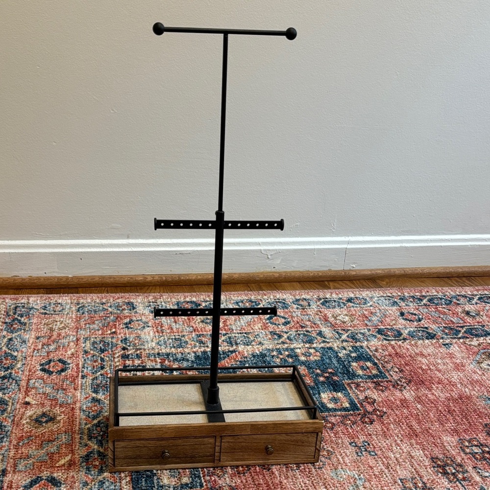 Black Metal Jewelry Stand with Wooden Base